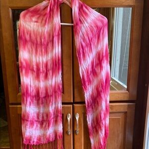 Vibrant Pink and White Tie-Dye Scarf with Fringe Fall Lagenlook Summer Fall